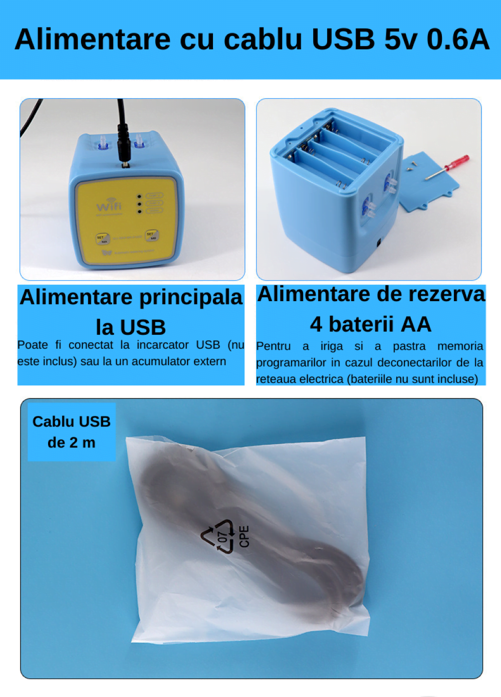 Alimentare USB, baterii AA, cablu USB 2m