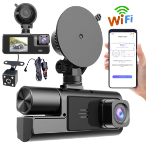 Camera de bord auto tripla WiFi MOGODA®, Full-HD 1080P+480P+480P, Unghi filmare 170° Fata +120° interior +120° marsarier, Rezolutie 1920x1080, Aplicatie Viidure, Night vision, G-sensor reglabil, WDR, Negru lucios