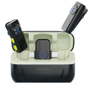 Set 2 microfoane lavaliera, MOGODA, USB C, Lightning, Wireless live, Reincarcabile, 10h microfon, 30h cutia, Reducerea zgomotului, Compatibil telefon, laptop si camera DSLR
