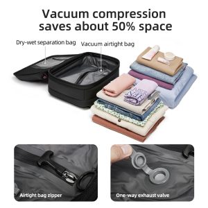 Rucsac vidat comprimă 50% spațiu bagaje haine.